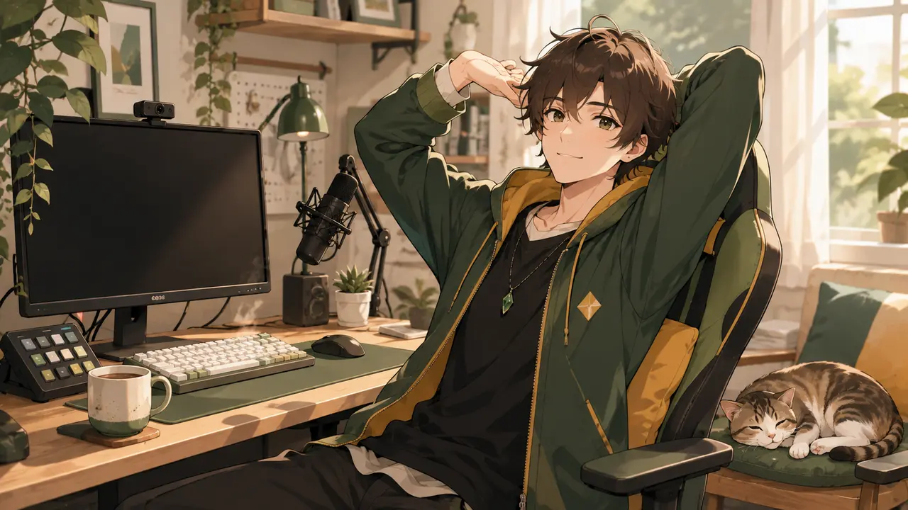 無理のない配信予定を猫と一緒に考える男性VTuber
