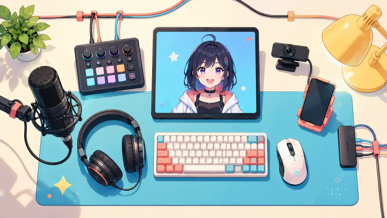 マイクや音声機器を接続順に並べた机上の構成