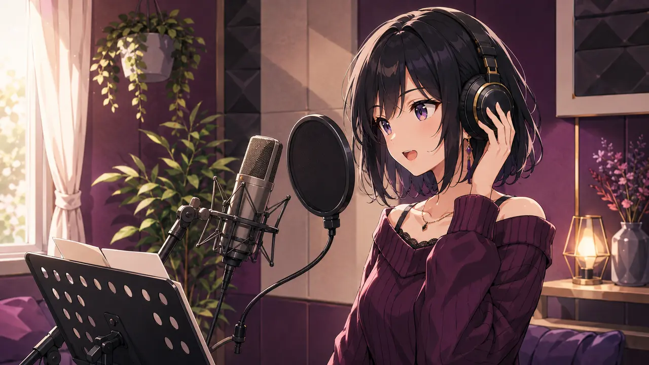 自宅の防音スペースで歌を収録する女性VTuber