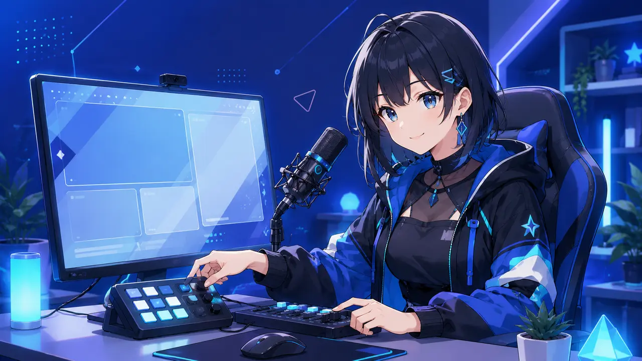 配信画面と音声をモニターで調整する作業風景