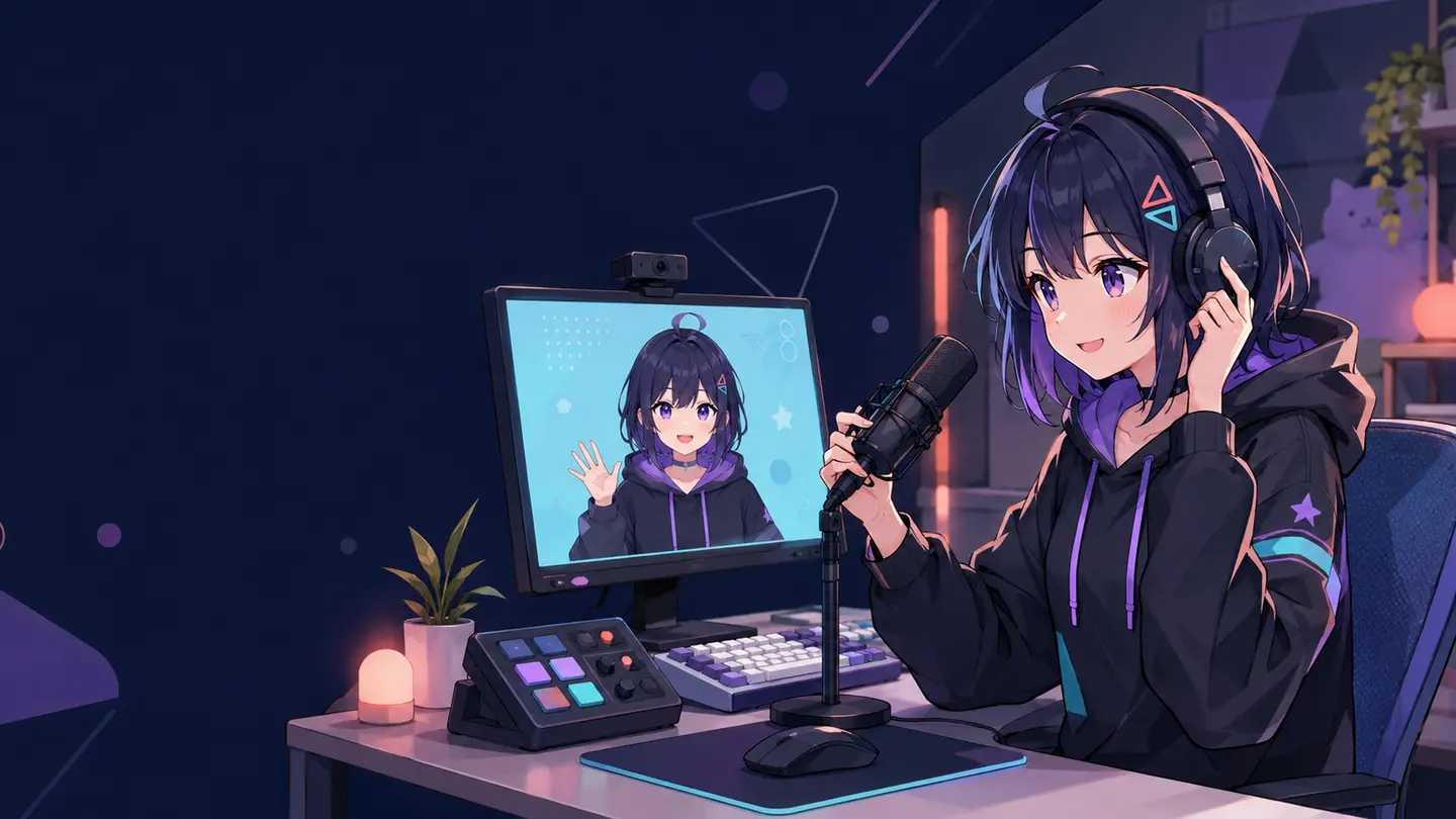 配信画面を確認しながらマイクへ話す女性VTuber